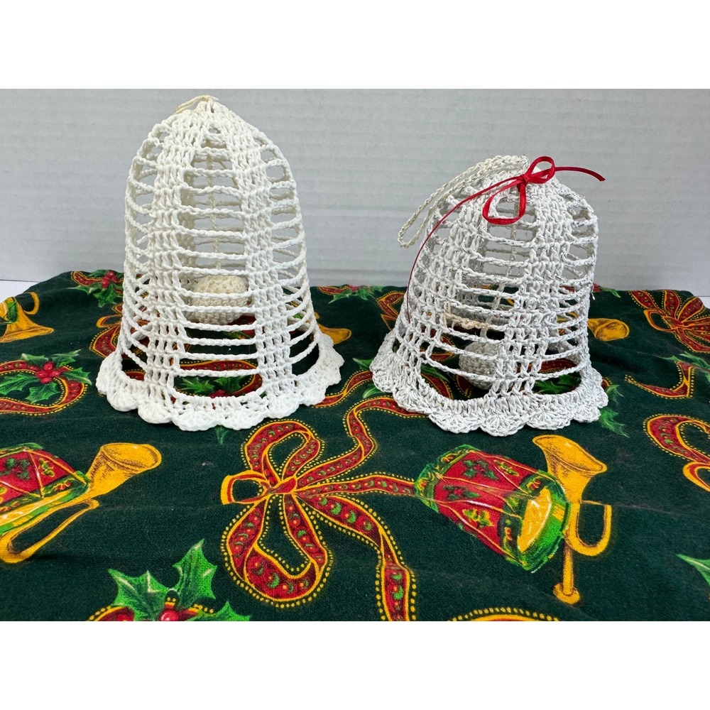 Vintage Crochet Christmas Bells Set 2 White Silver Metallic Holiday Ornaments